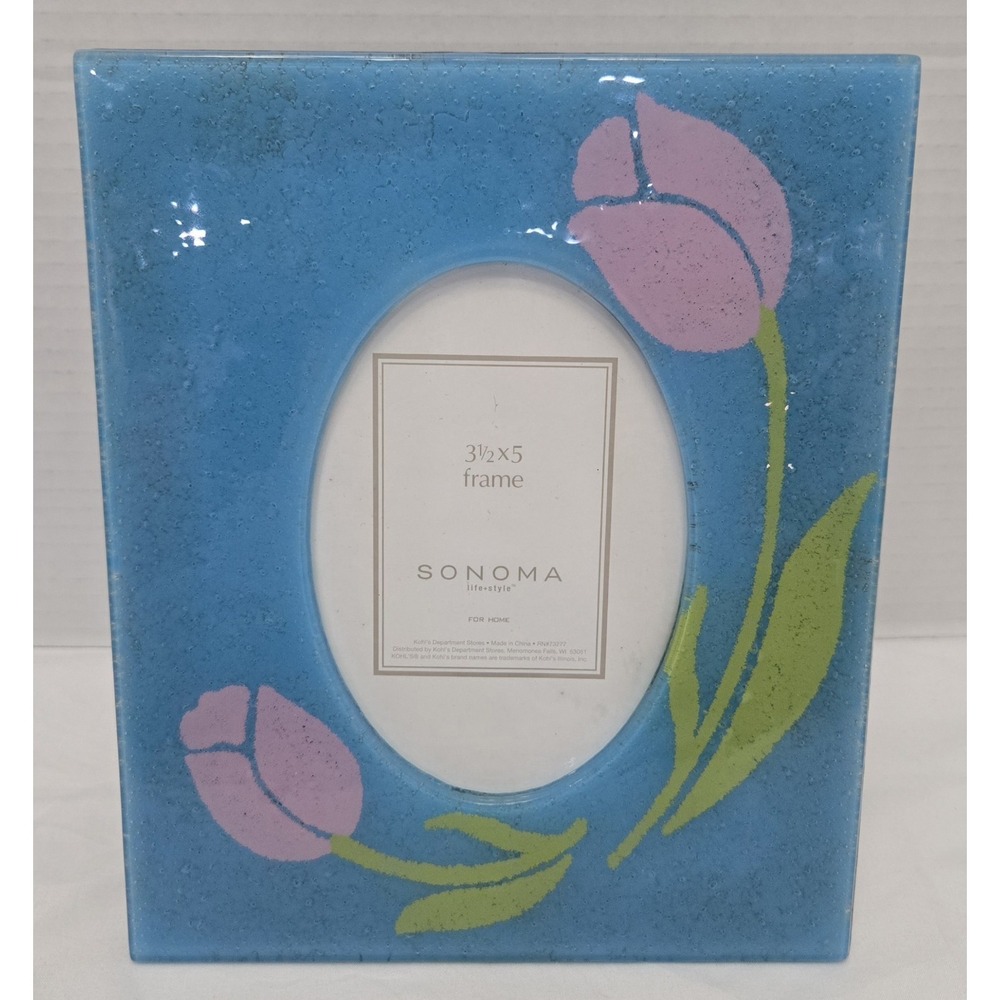 Vintage Sonoma Lifestyle Blue Fused Glass Tulip Picture‎ Frame - 3.5" x 5" Photo